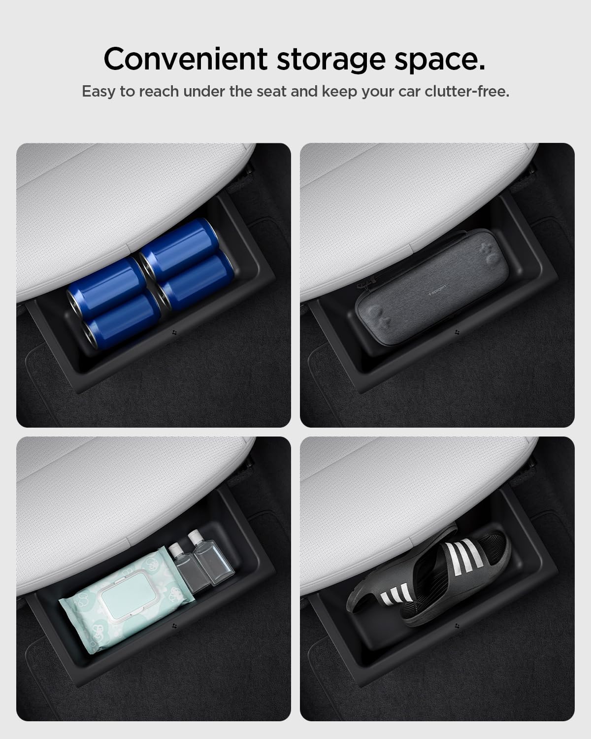 Spigen under seat storage box installed under a Tesla Model Y Juniper seat for quiet stable storage