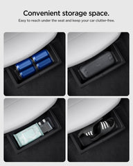 Spigen under seat storage box installed under a Tesla Model Y Juniper seat for quiet stable storage