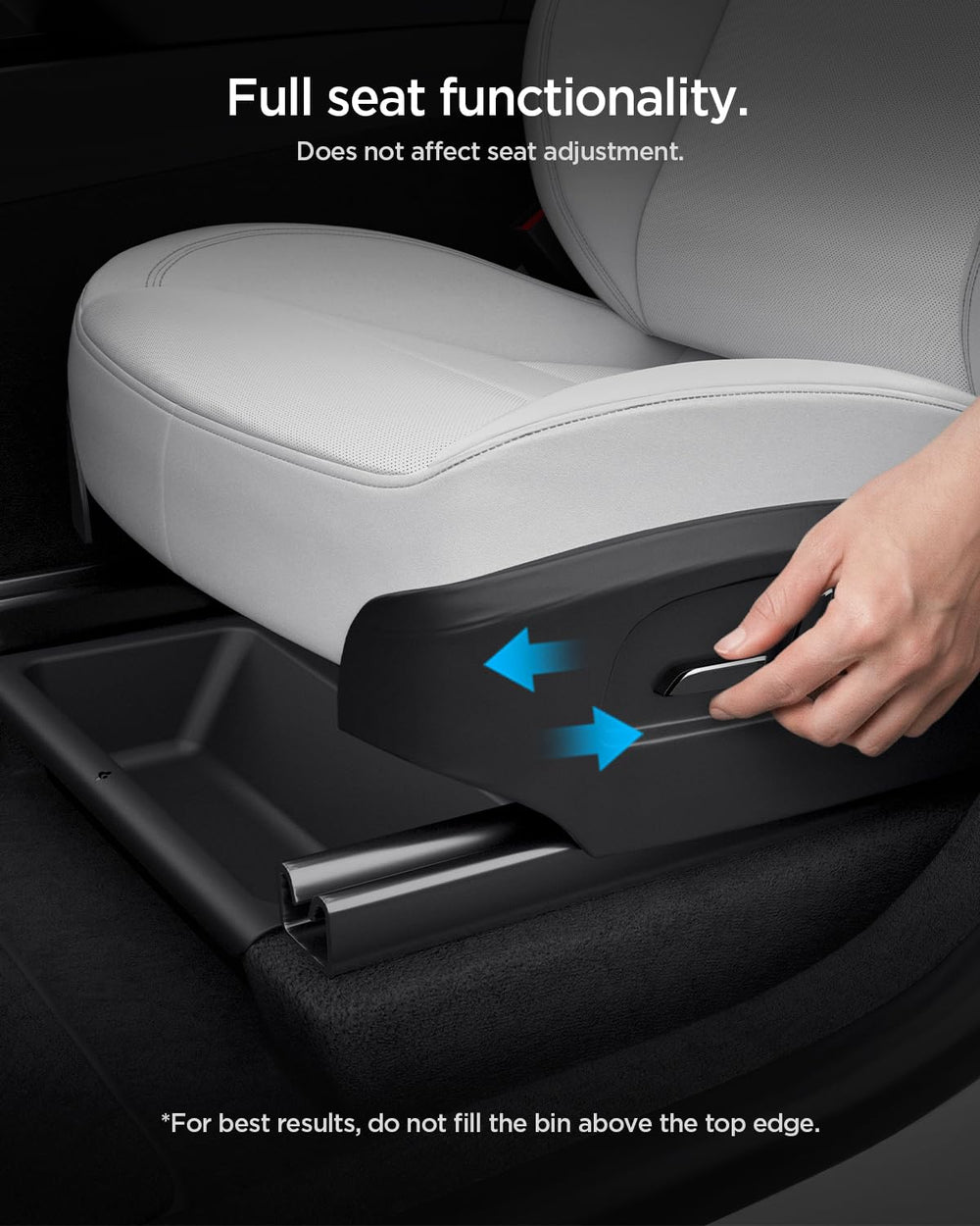 Spigen under seat storage box label and material detail highlighting durable TPE shell and wipe-clean finish