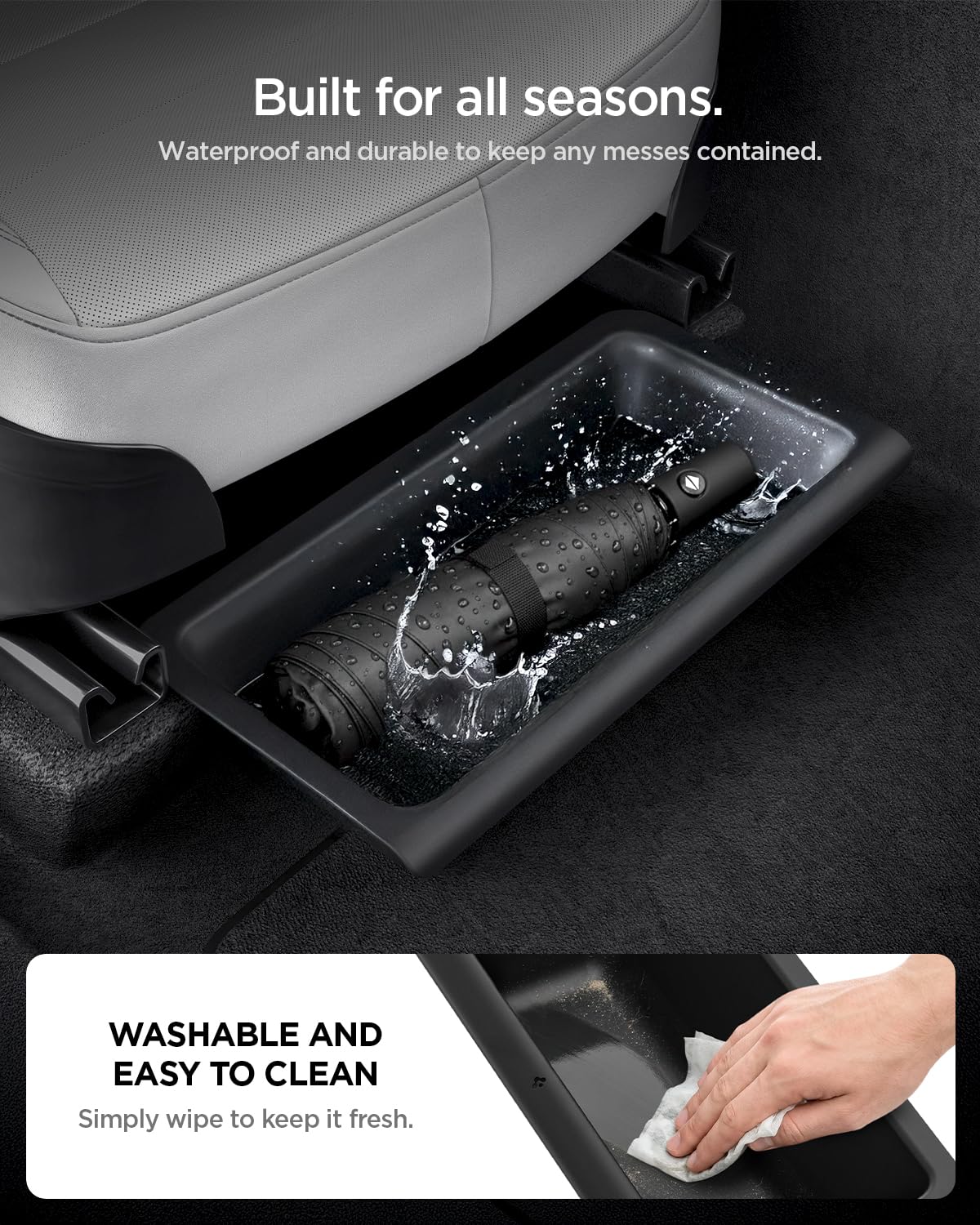 Spigen under seat storage box in cabin lifestyle shot showing tidy interior and practical daily use