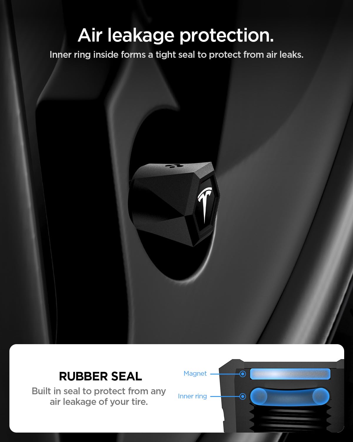 Spigen cap installed on a tire valve showing protective seal benefit