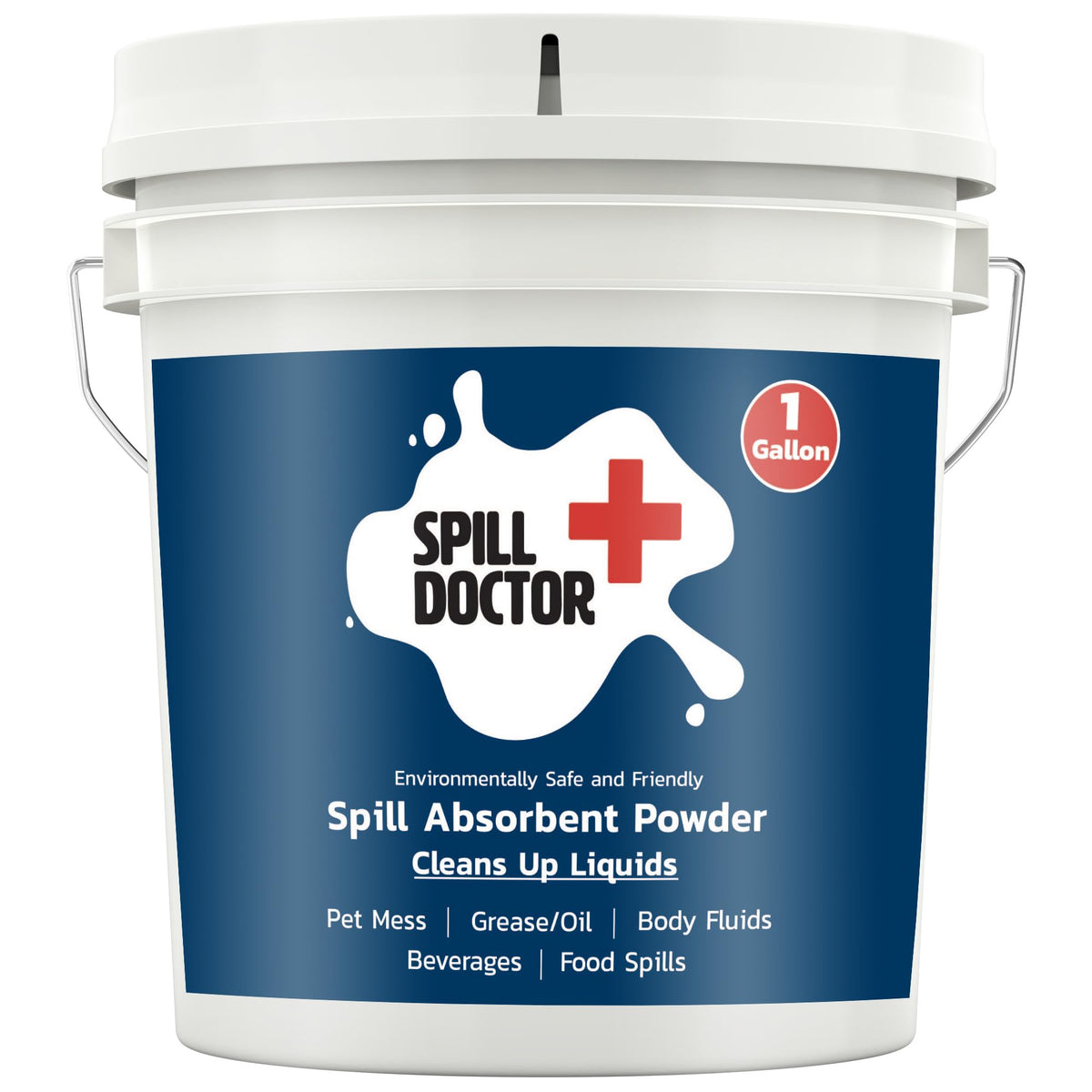 Spill Doctor gallon container front view shows easy-grip packaging and clear labeling benefit