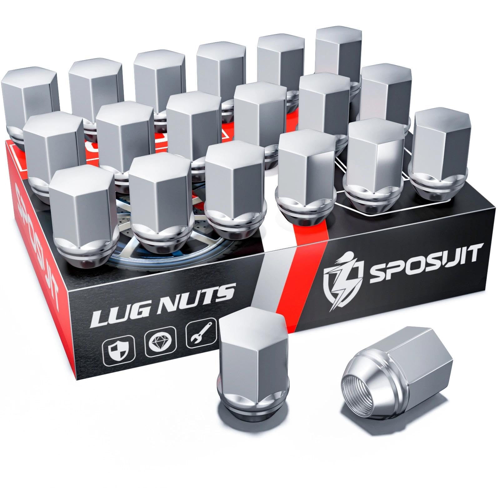 Sposuit front packaging with 20 lug nuts showing complete set and easy replacement benefit