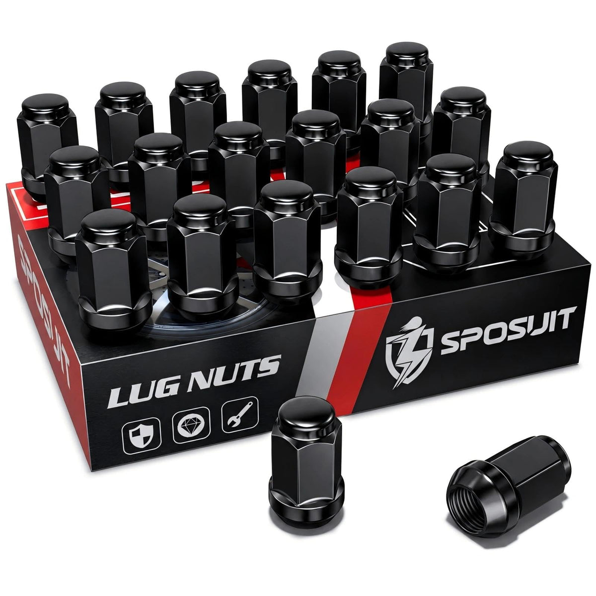 Sposuit front packaging showing 20 black lug nuts and label benefit corrosion resistance