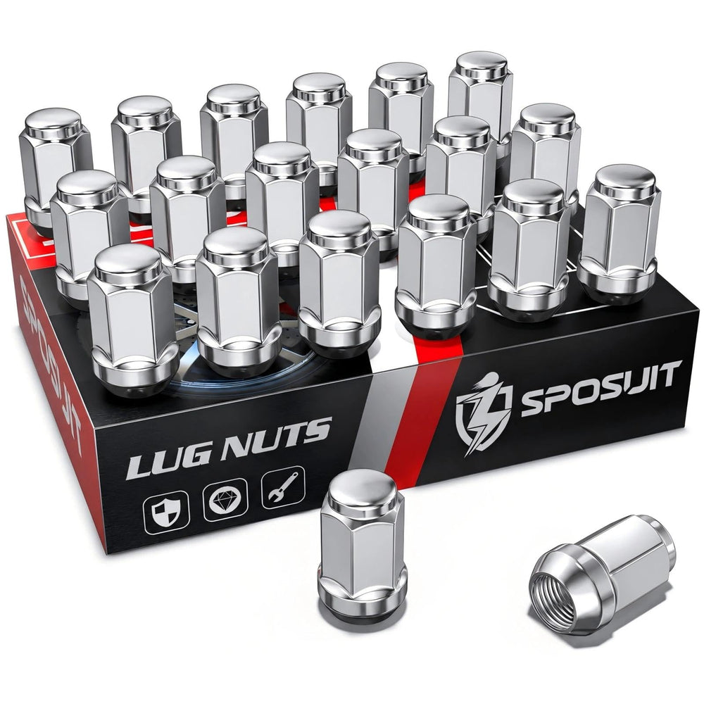 Sposuit front packaging showing full 20-piece chrome lug nut set and benefits