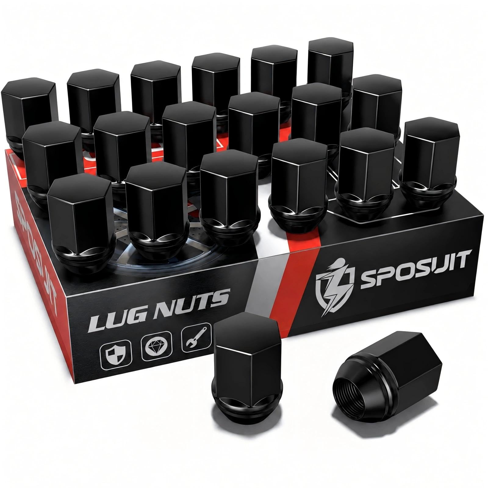Sposuit lug nut front packaging showing full 20-piece set and fitment benefit