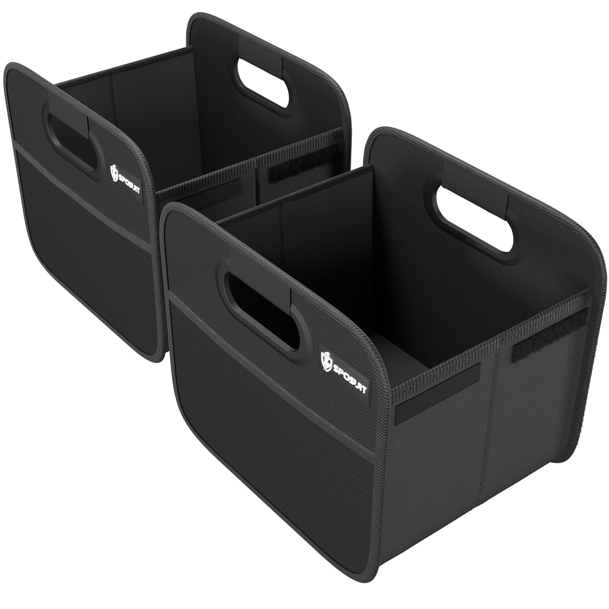 Sposuit front view of both black organizers showing neat storage benefit