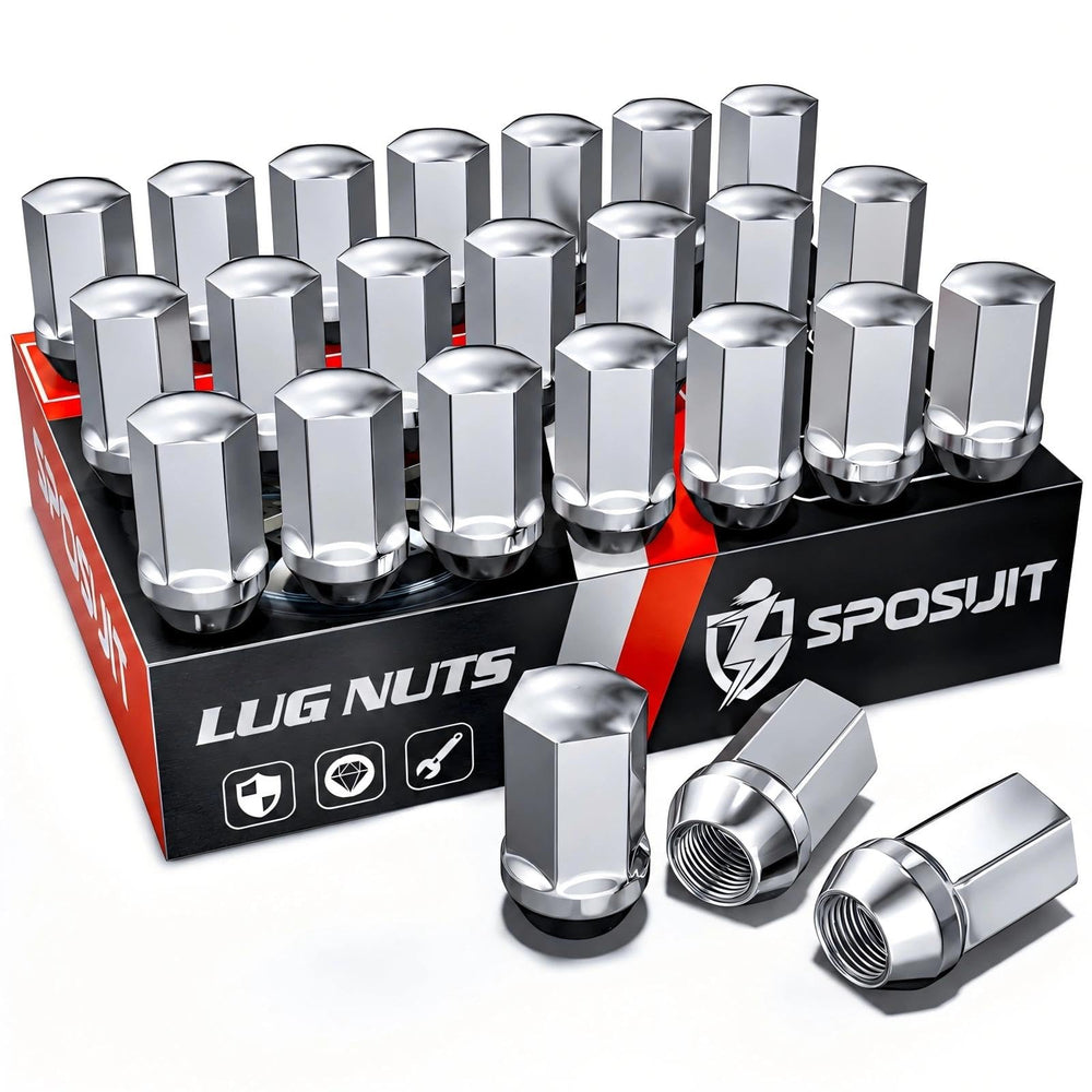 Sposuit front view of 24 chrome lug nuts showing complete kit and fitment benefits