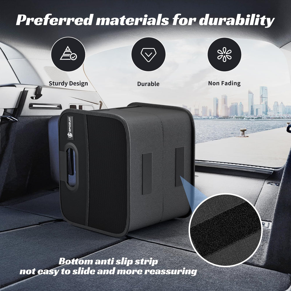 Sposuit split organizers installed in a car trunk preventing cargo shift