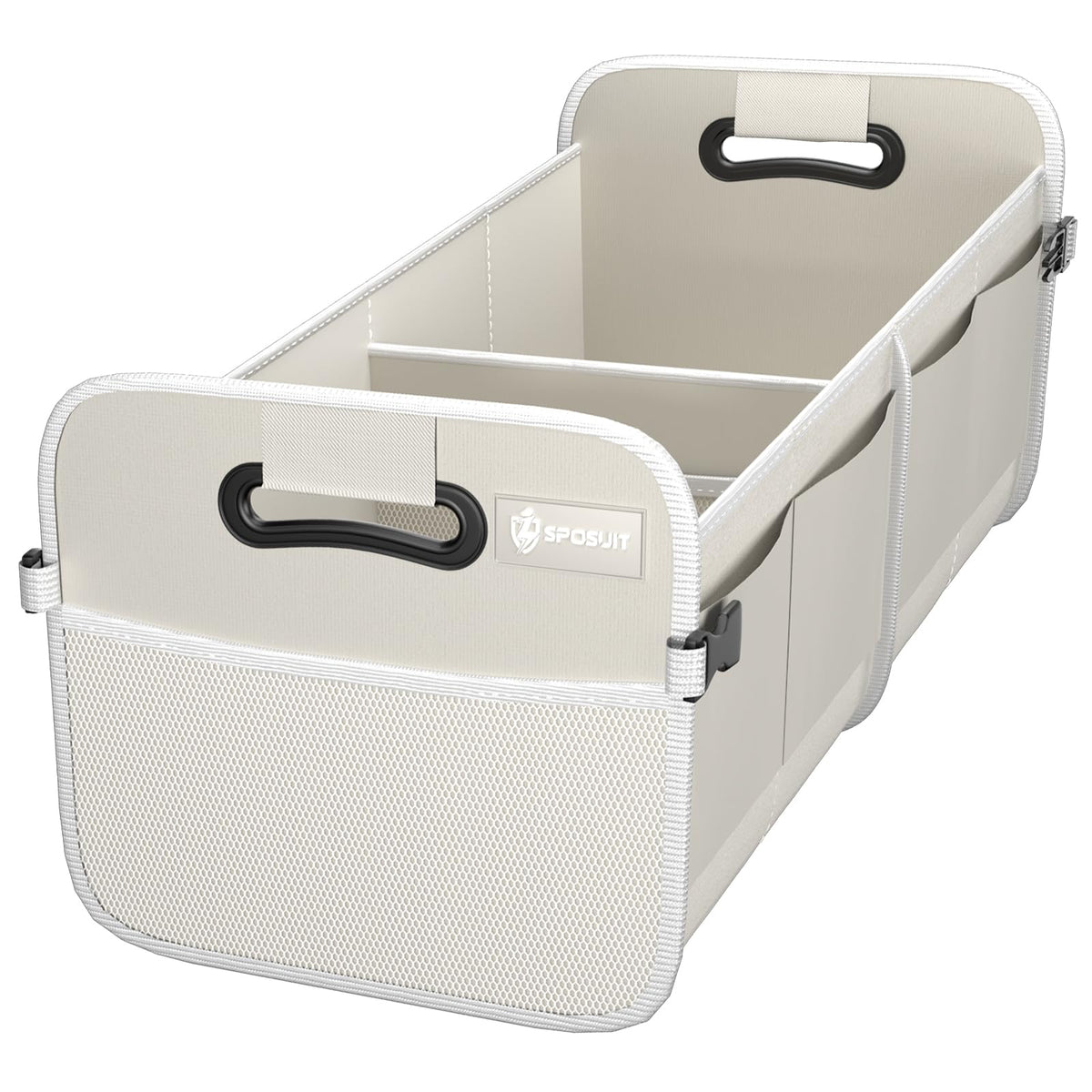 Sposuit trunk organizer front view showing stability and neat storage
