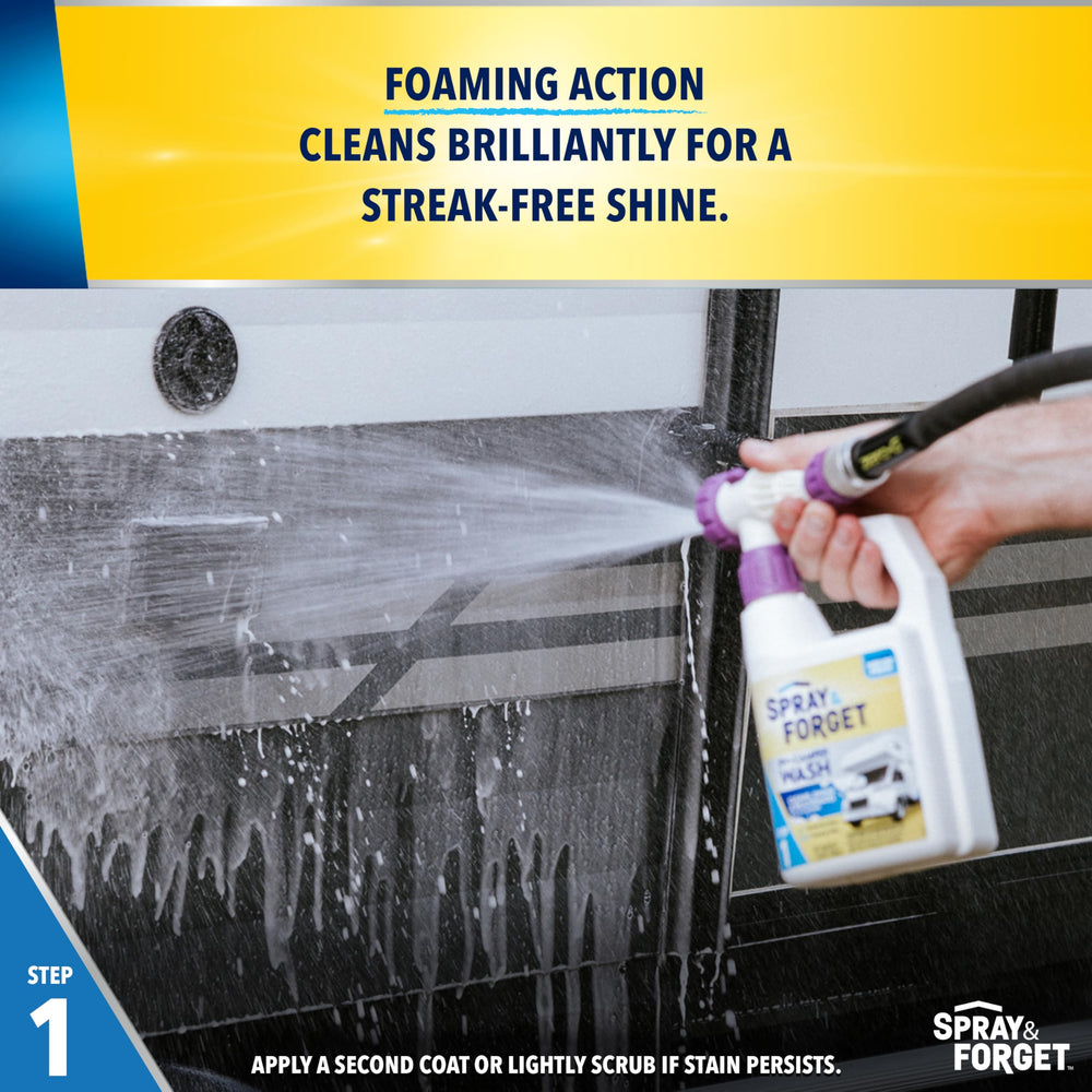 Spray & Forget wax being sprayed on camper showing effortless application and time-savings