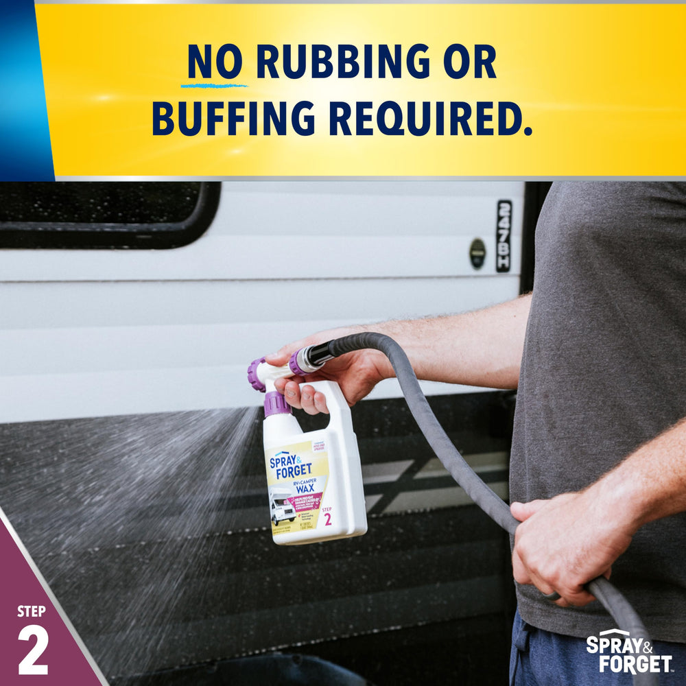Spray & Forget wax water beading on camper roof showing improved runoff and fewer water spots