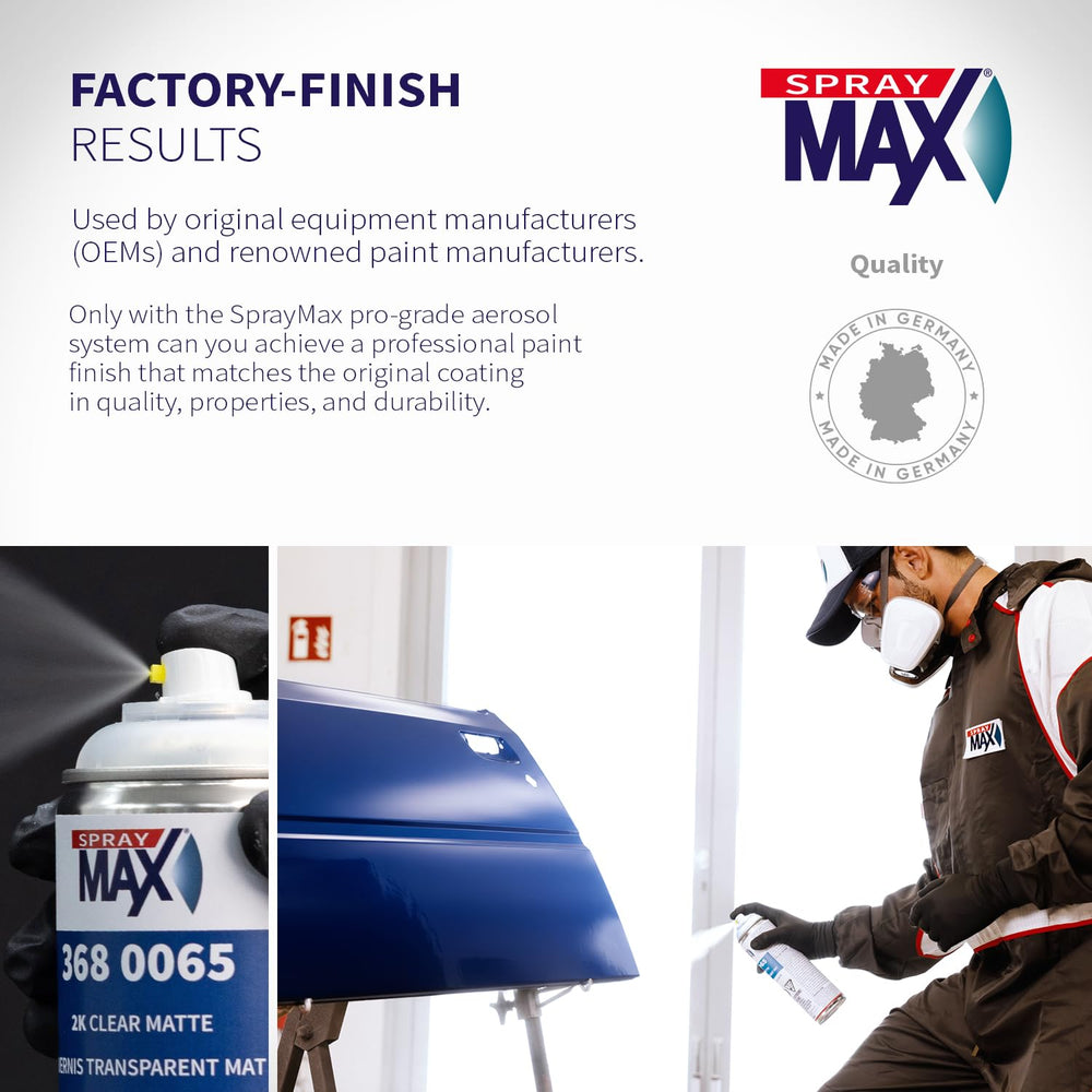 SprayMax matte clear can held in hands for scale showing convenient aerosol format