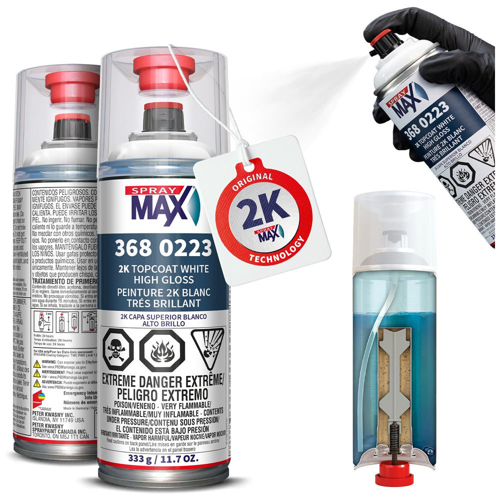 SprayMax front can showing high gloss white topcoat and clear branding for quick identification and benefit