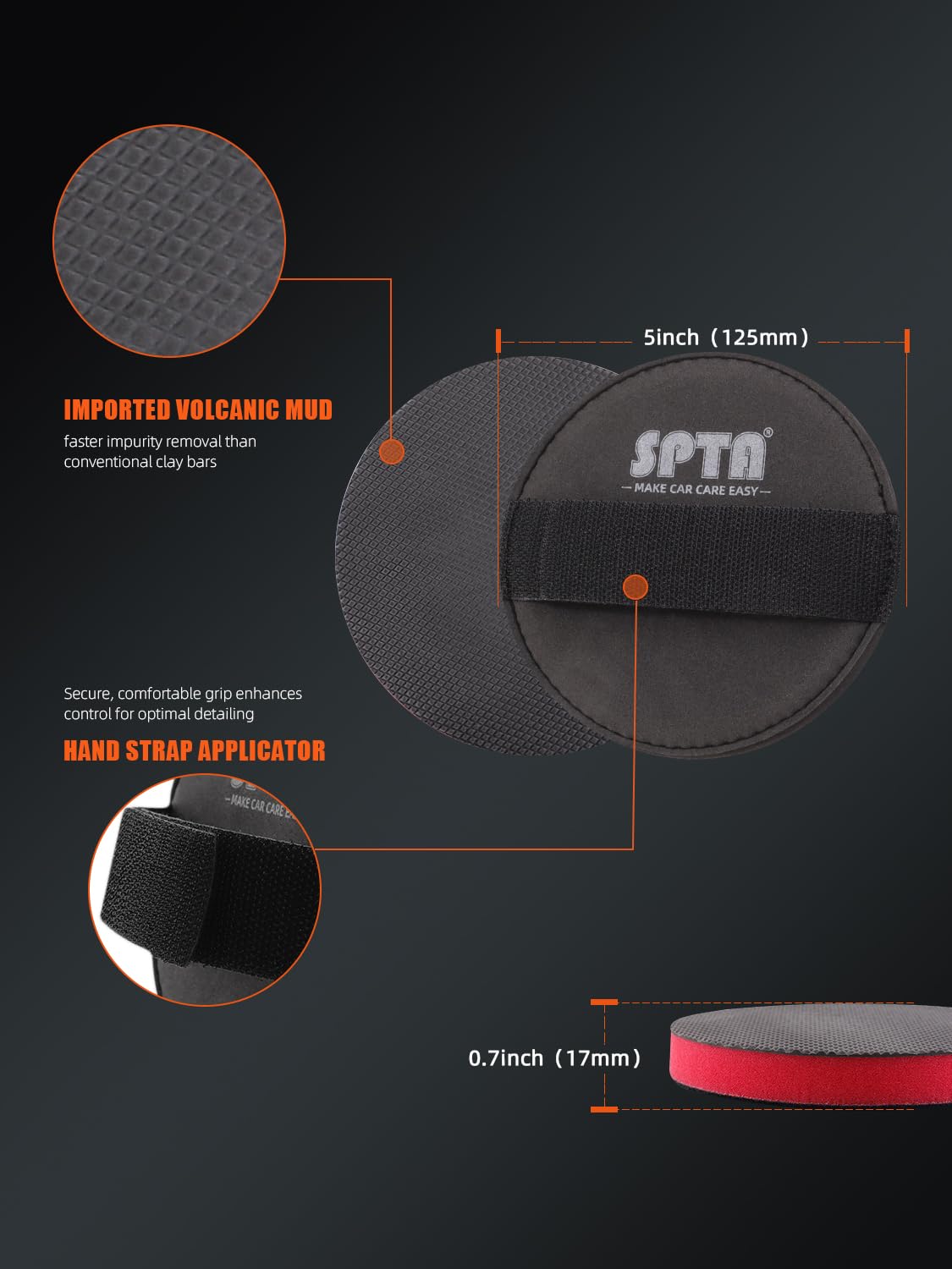 SPTA clay pad attached to hand strap applicator for comfortable grip
