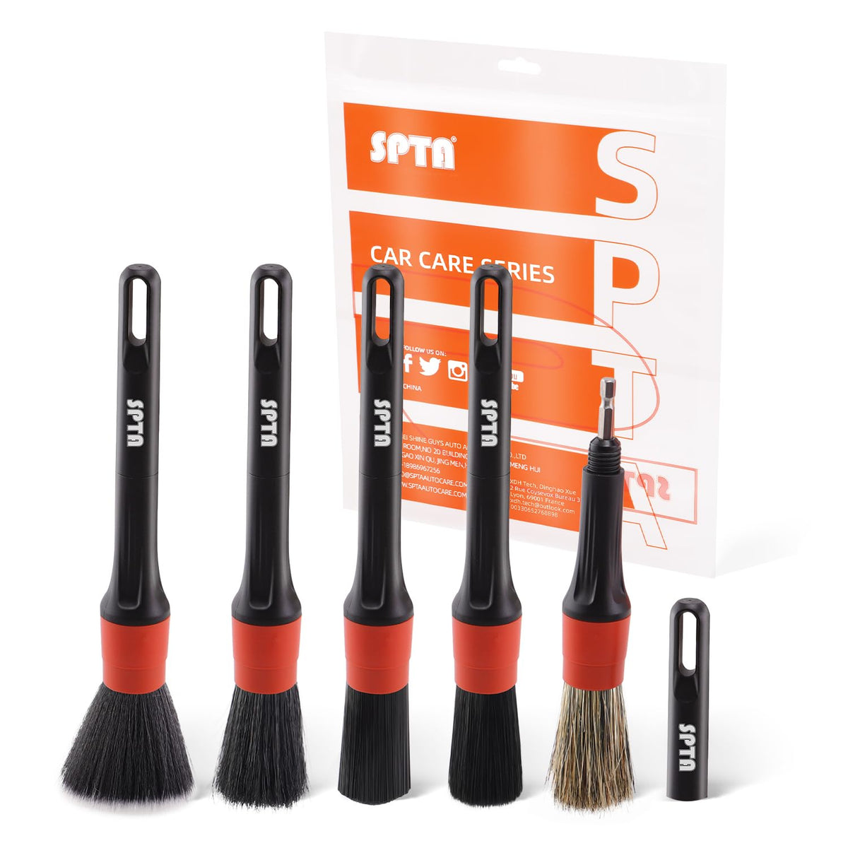 SPTA packaging showing full 5-piece brush set and benefits