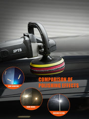 SPTA pad mounted on polisher working a bumper for faster detailing