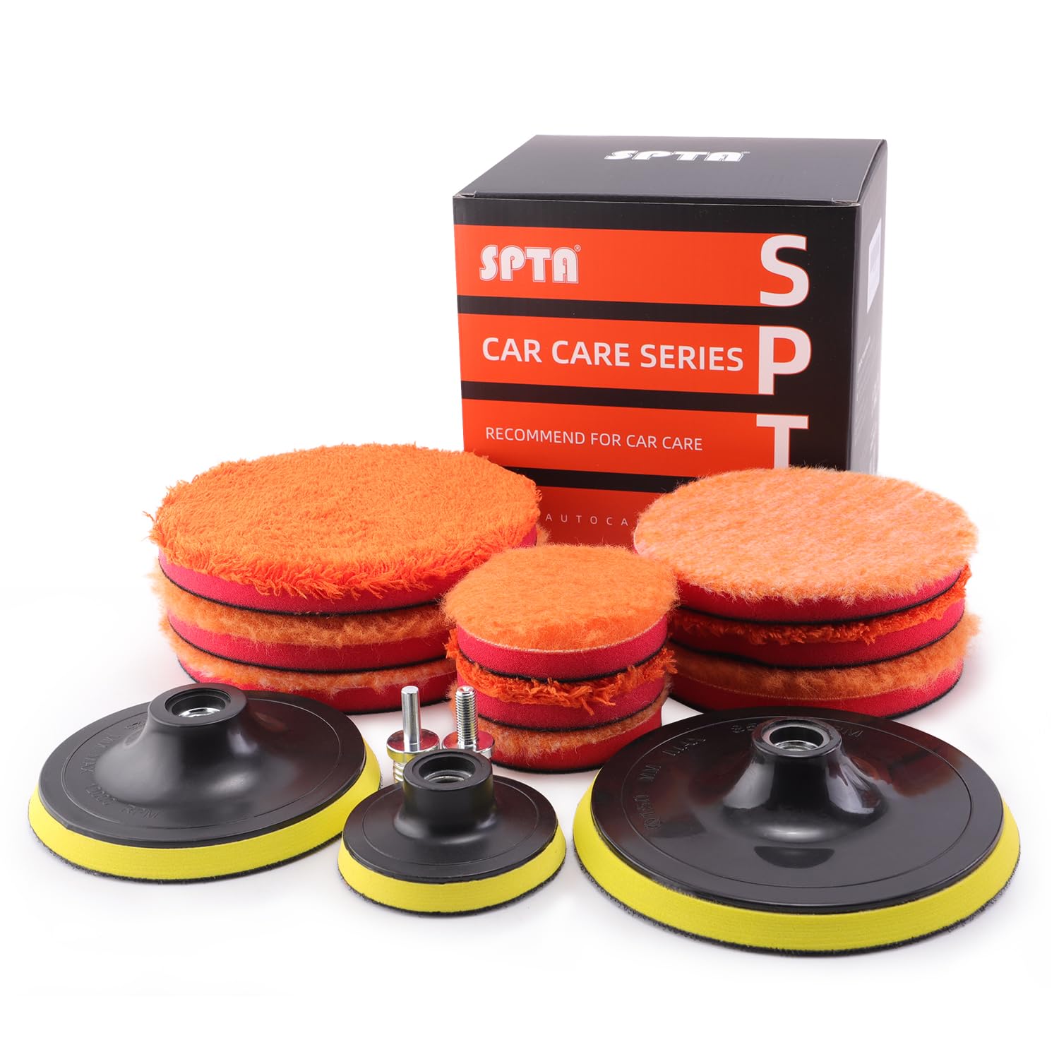 SPTA microfiber pad front view showing three sizes and durability benefits