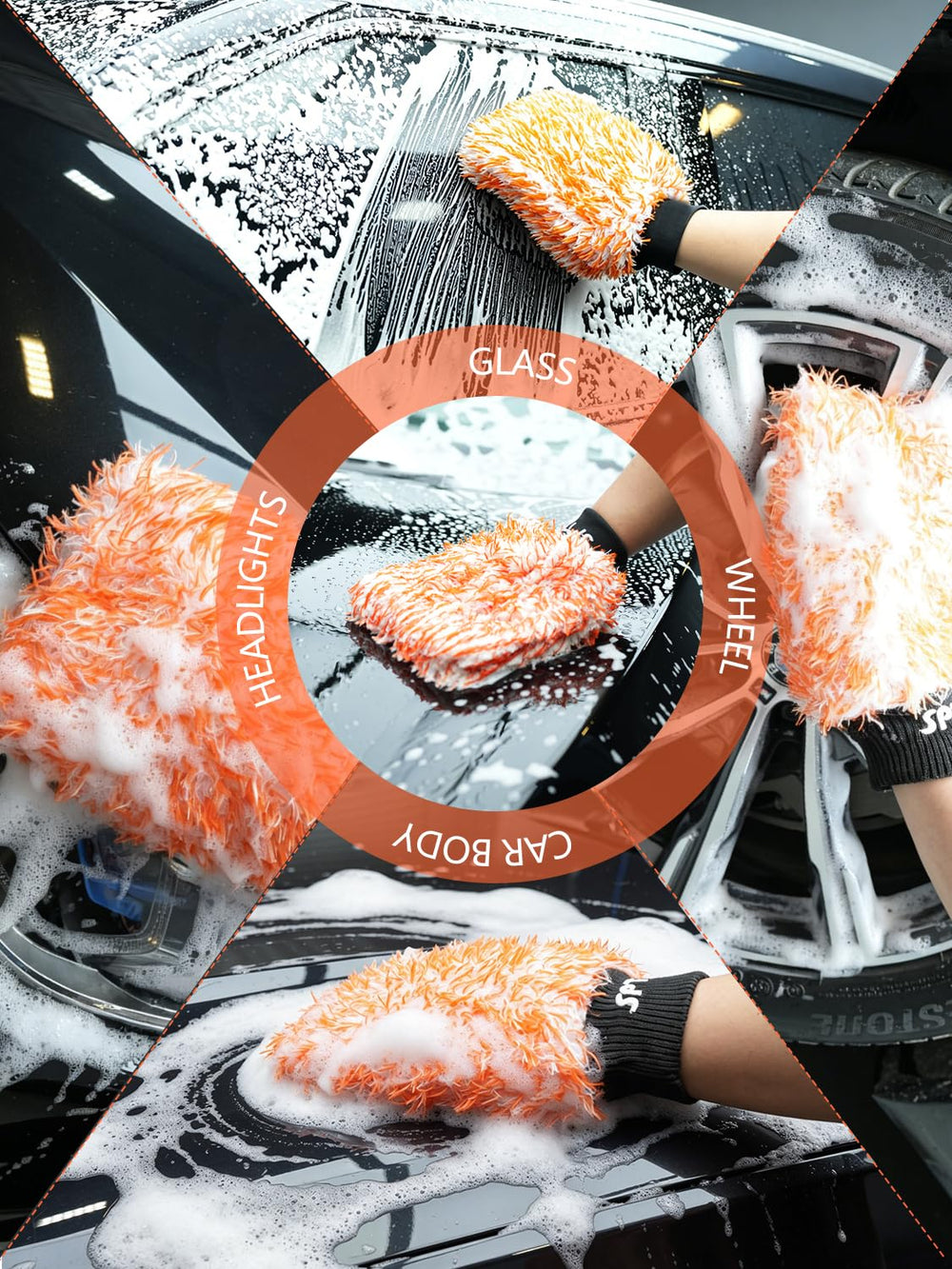 SPTA mitt on hood with wet lather, superior absorption benefit