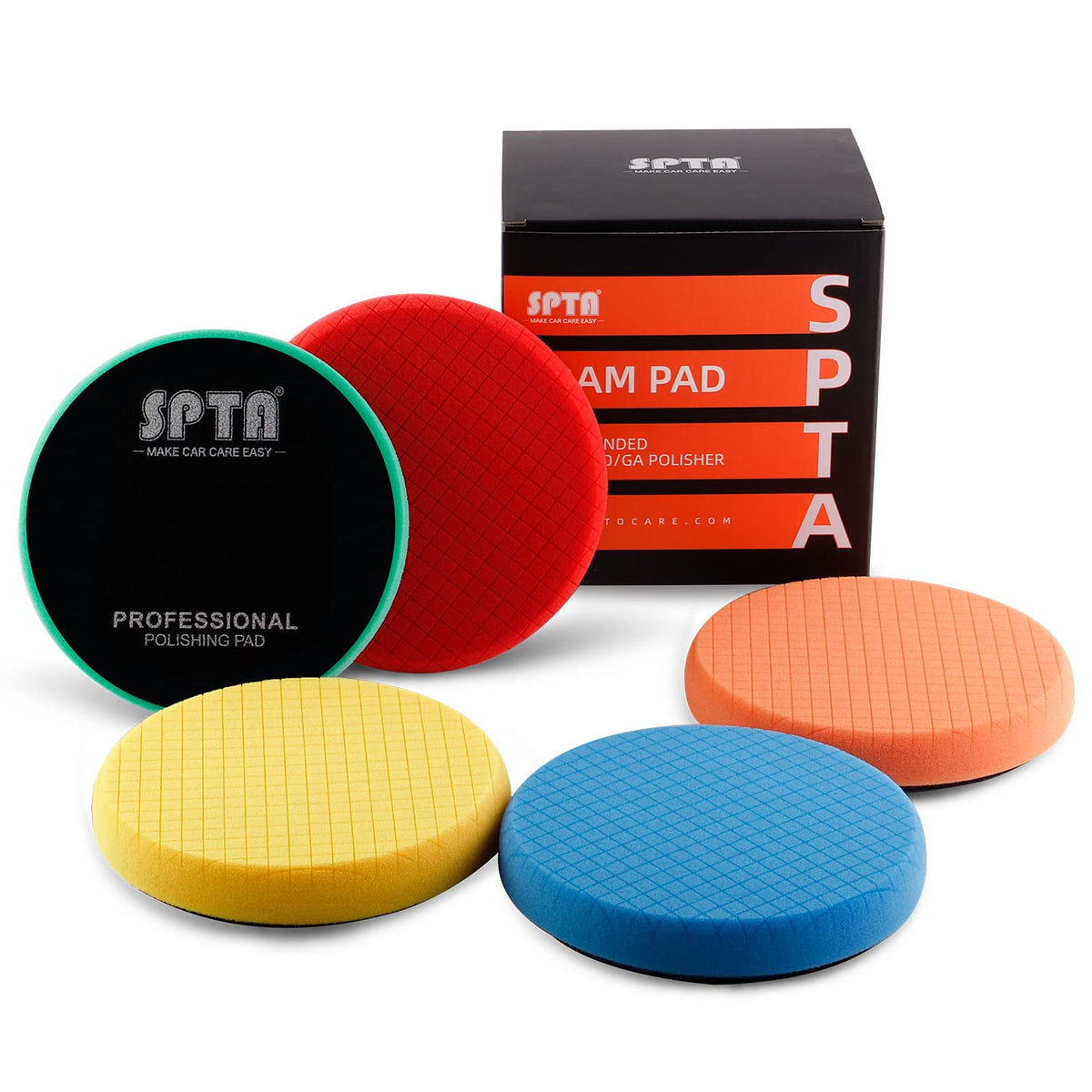 SPTA pad front packaging showing five color-coded pads and compatibility benefits