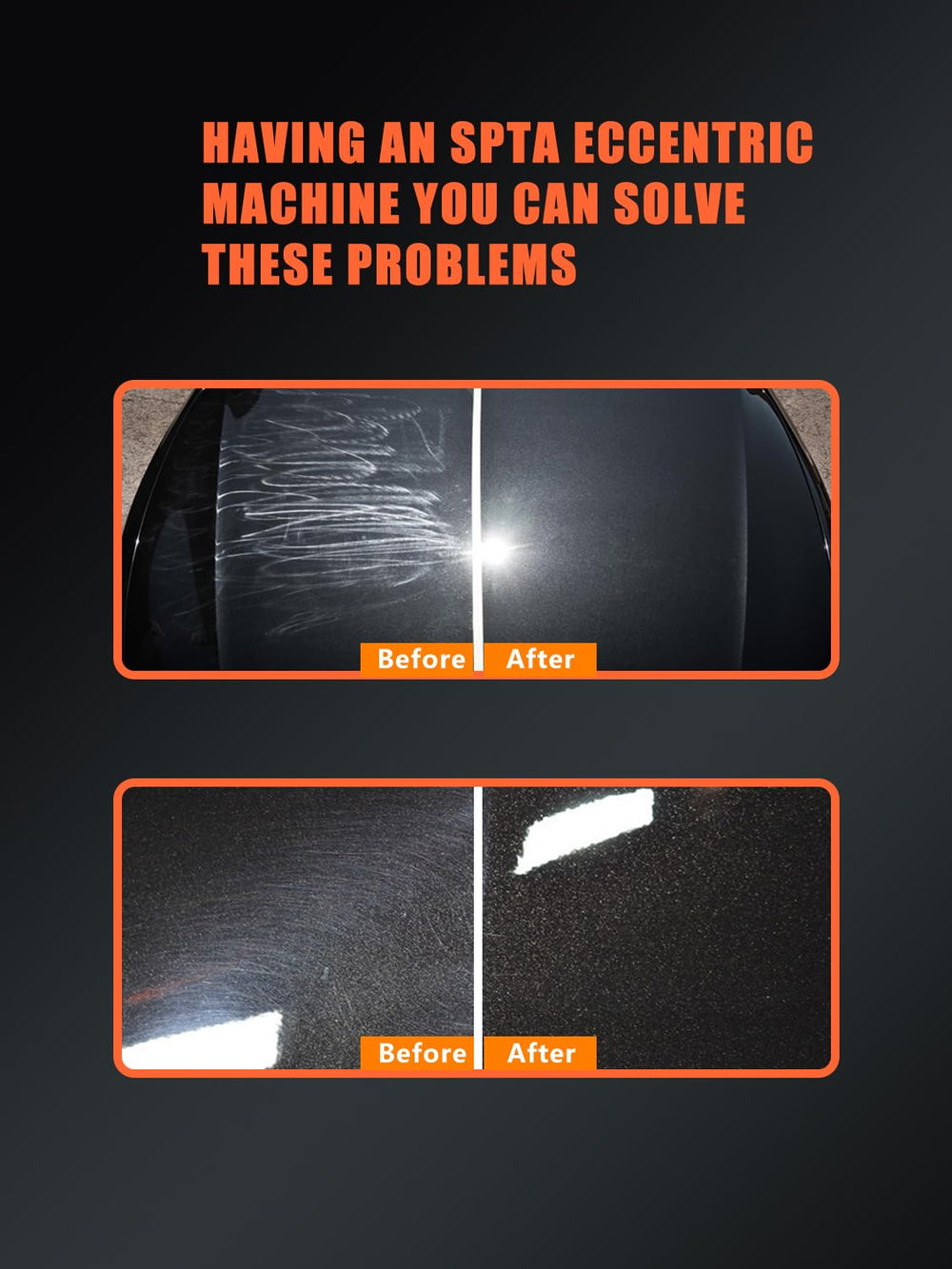 SPTA polisher in use on car door demonstrating safe swirl-free polishing benefit