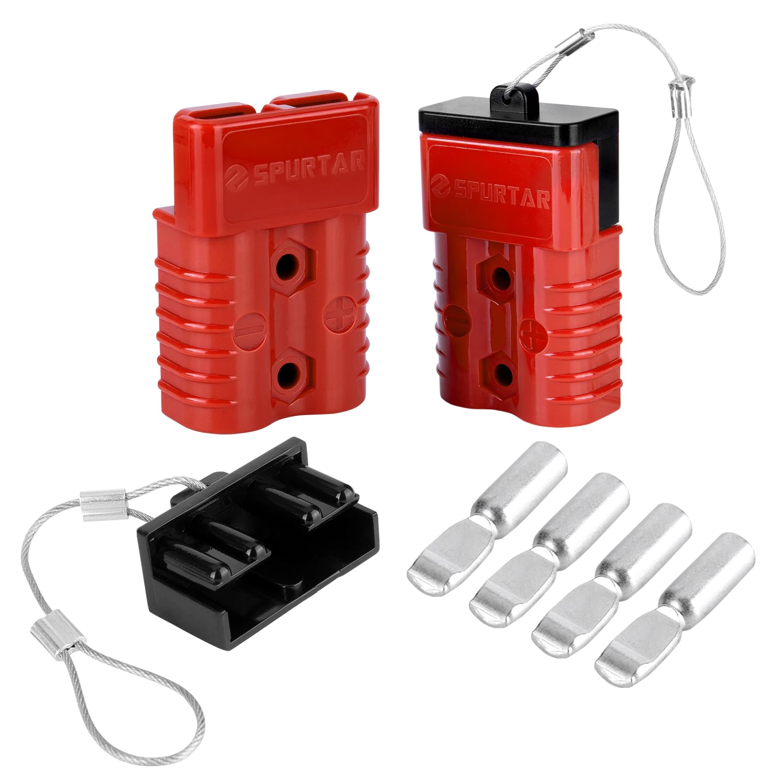 Spurtar front view of red quick connect plugs showing solid housing and benefit: fast hookups