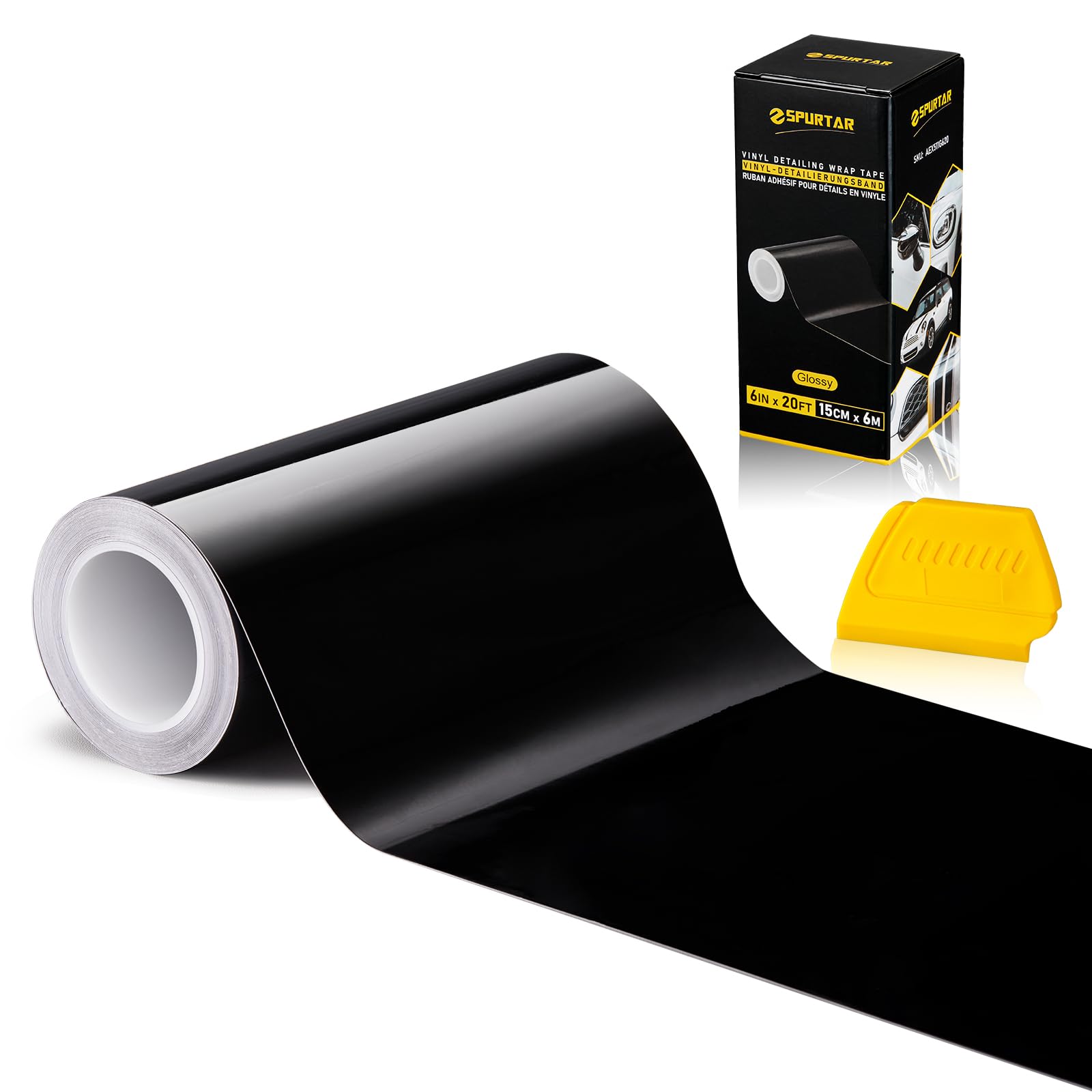 Spurtar front packaging showing gloss black wrap and roll benefits