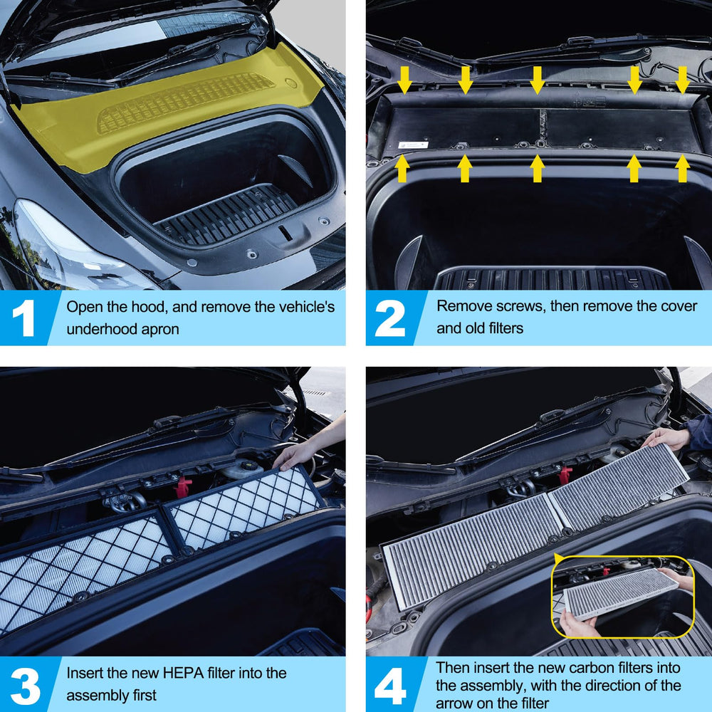 Spurtar filter installed in Tesla Model Y frunk demonstrating direct-fit convenience