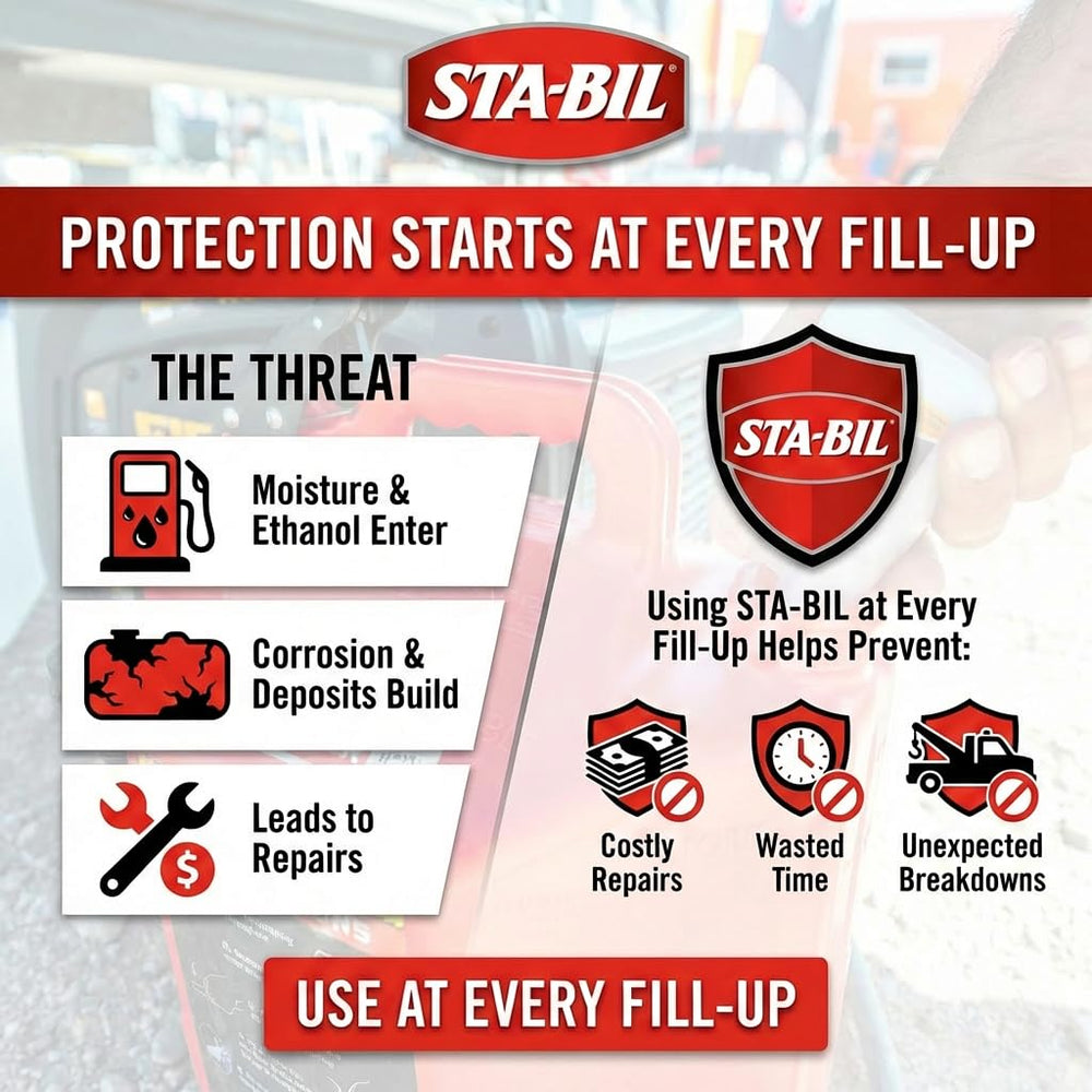 STA-BIL bottle being poured into a car fuel tank for easy maintenance