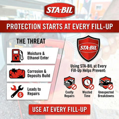 STA-BIL bottle being poured into a car fuel tank for easy maintenance