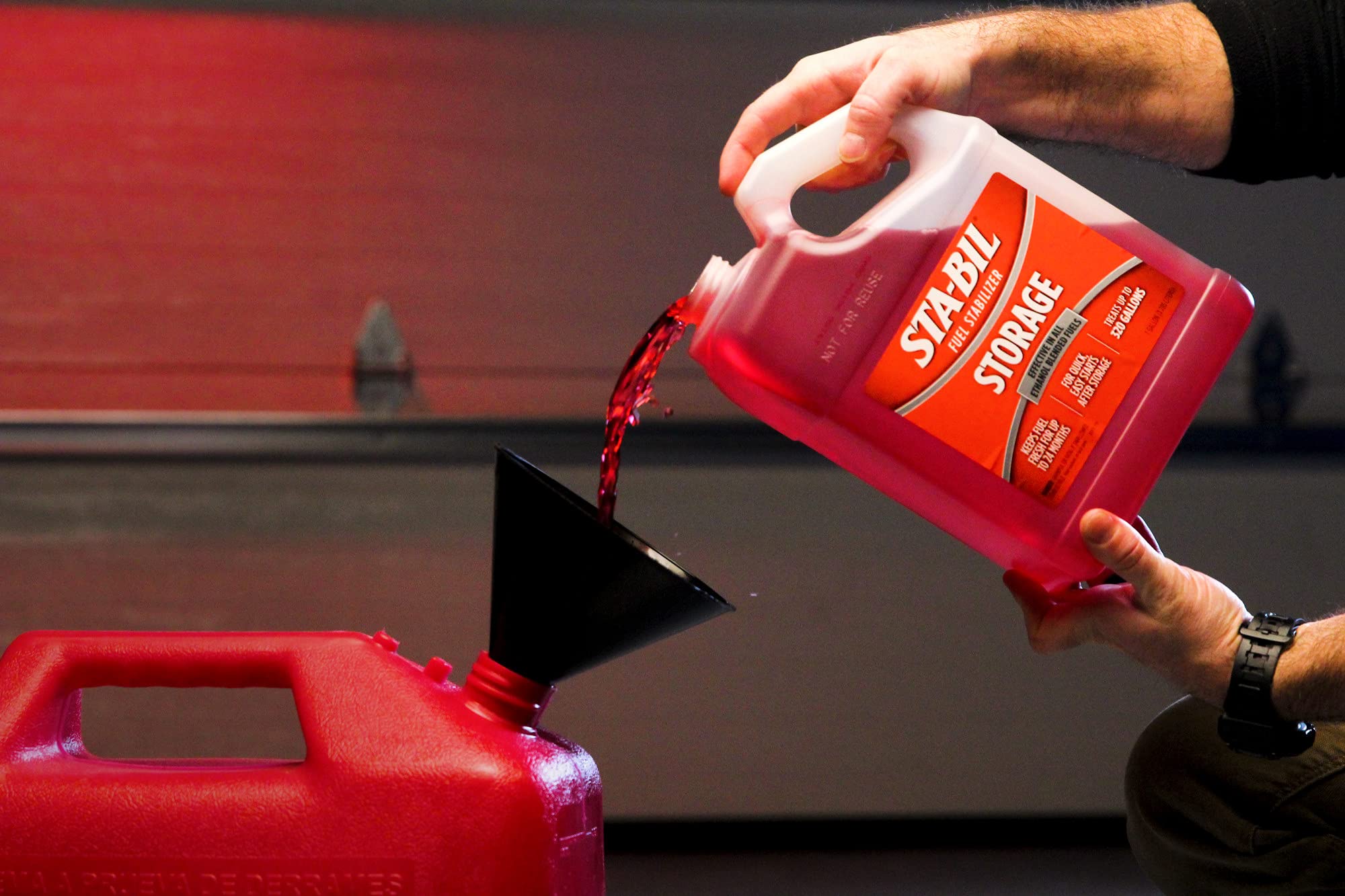 STA-BIL added to a lawn mower tank to maintain engine reliability after winter