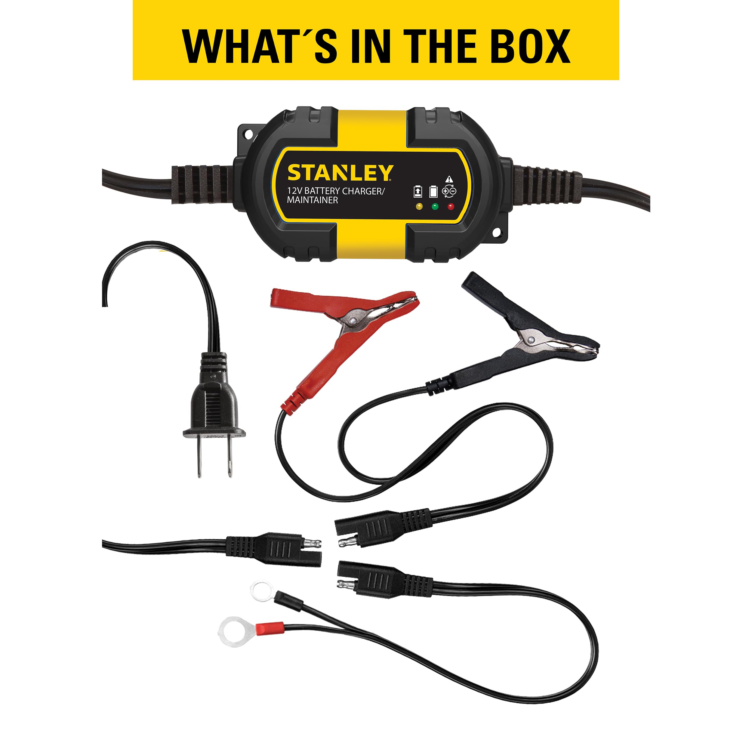 STANLEY BM1S status indicators closeup displaying charge and float mode, gives clear feedback