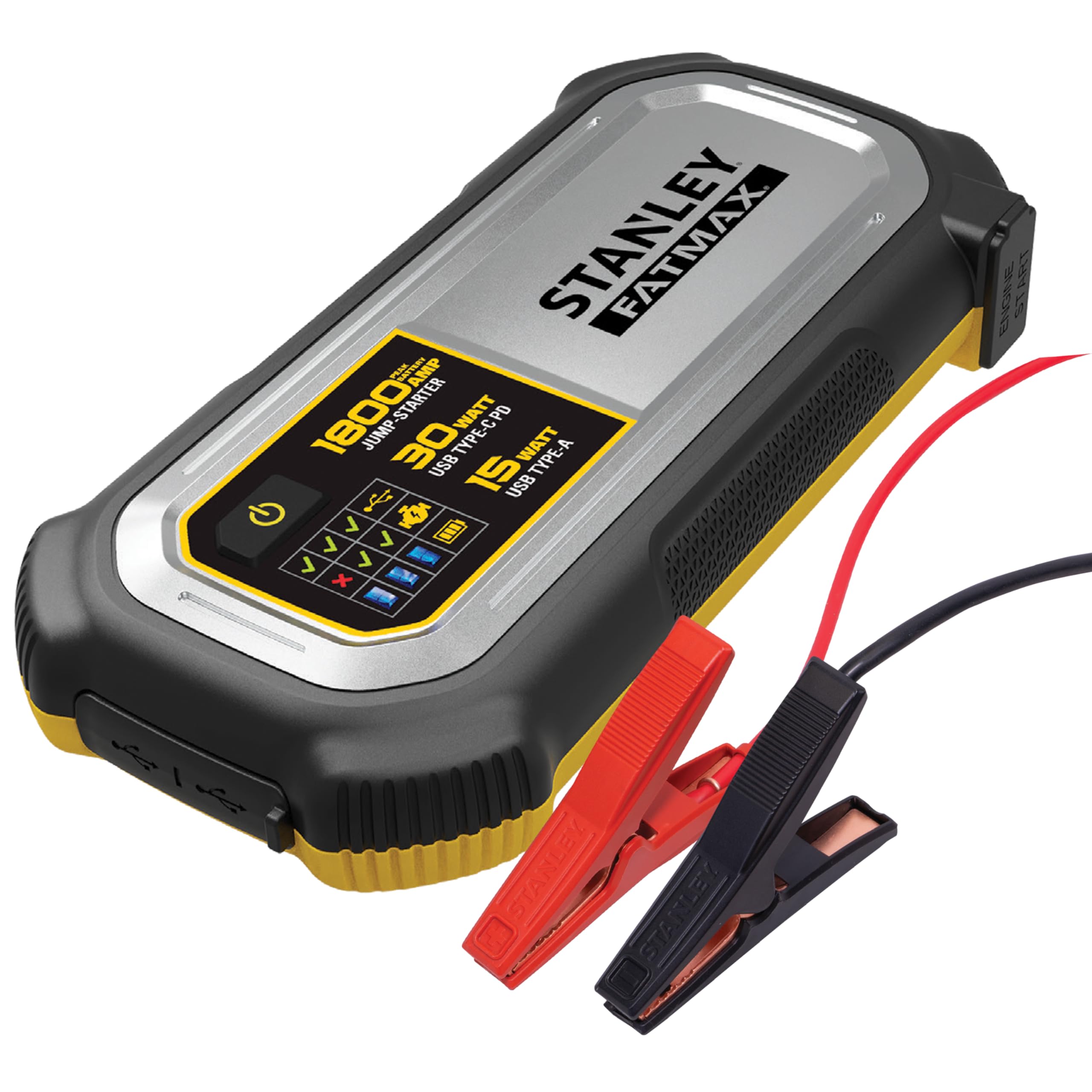 STANLEY LJ18FC front view showing compact starter and ports, portable power on hand