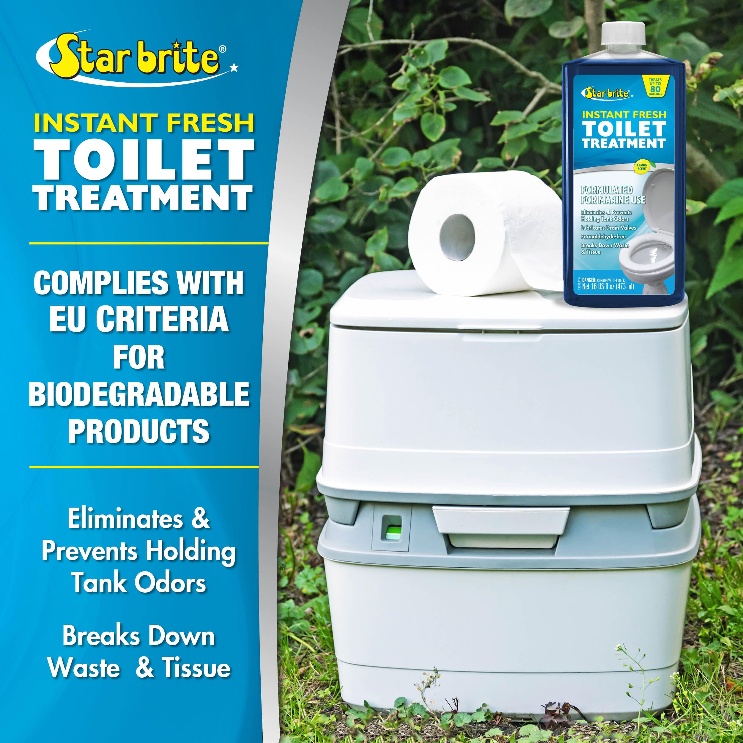 STAR BRITE bottle in a boat cabin near a toilet illustrating marine odor control