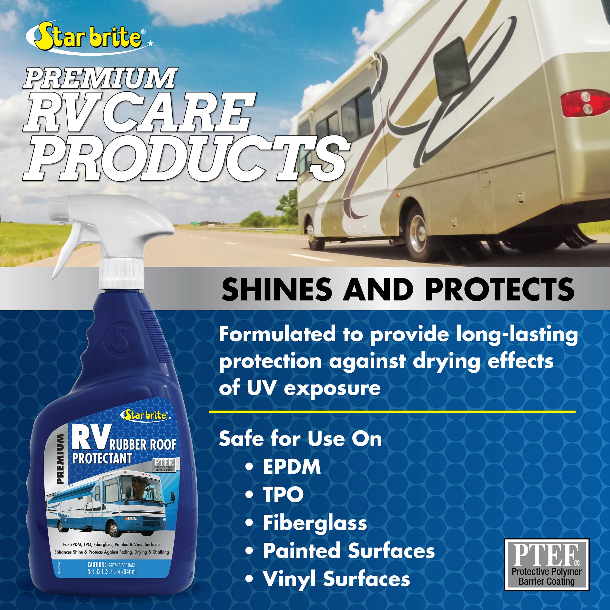 STAR BRITE treated RV roof in sun demonstrating restored appearance