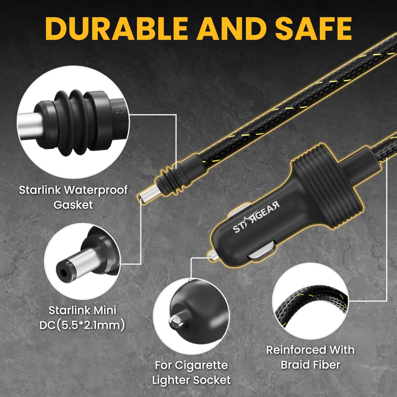 STARGEAR reinforced strain relief at connector reducing cable breakage risk