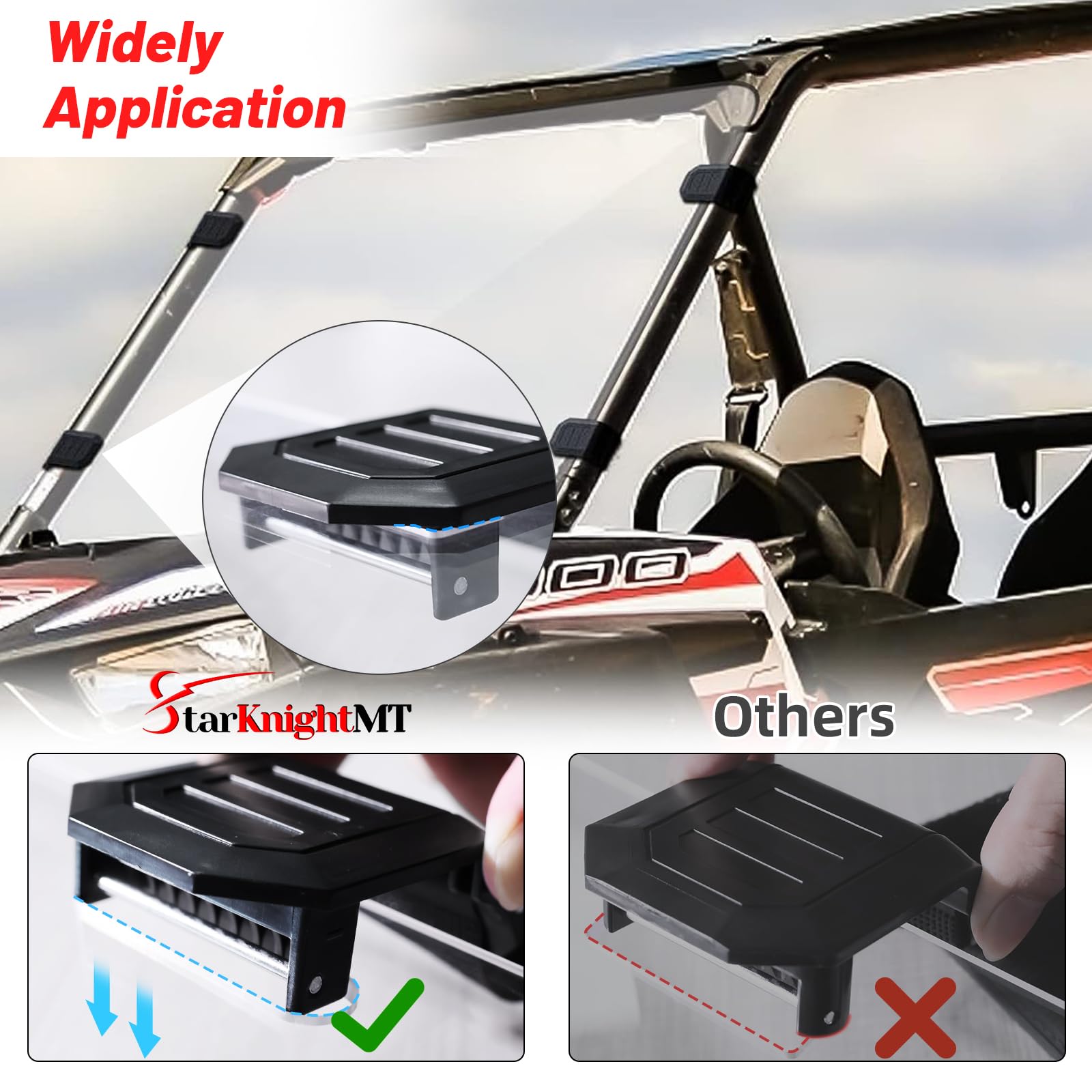 StarknightMT clamps installed on a full UTV windshield reducing vibration on trails