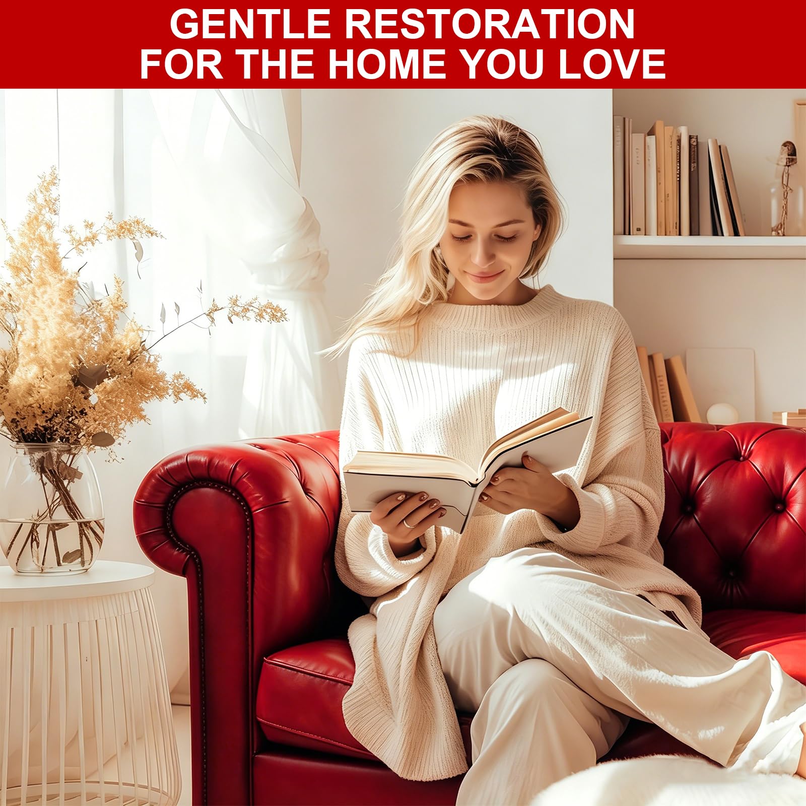 STARTSO WORLD living room with restored red leather sofa showing renewed furniture appeal