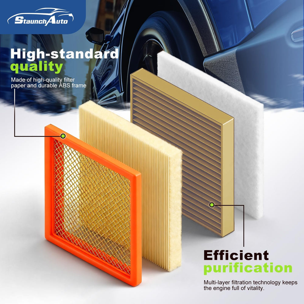 StaunchAuto cabin filter close-up highlighting coconut-shell carbon layer reducing odors