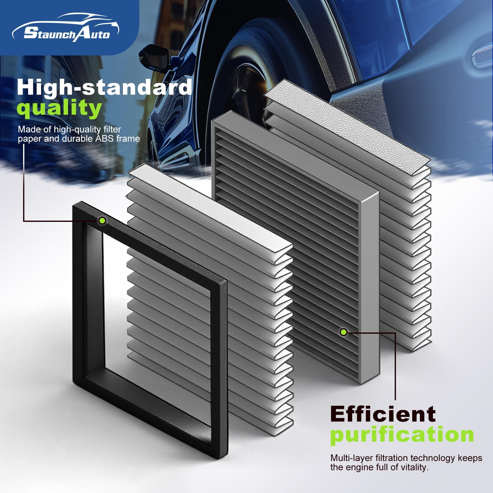StaunchAuto cabin filter detail showing coconut shell carbon for odor reduction