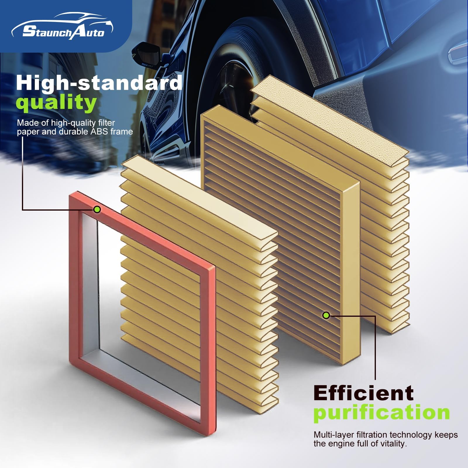StaunchAuto cabin filter detail revealing activated carbon layer for odor removal