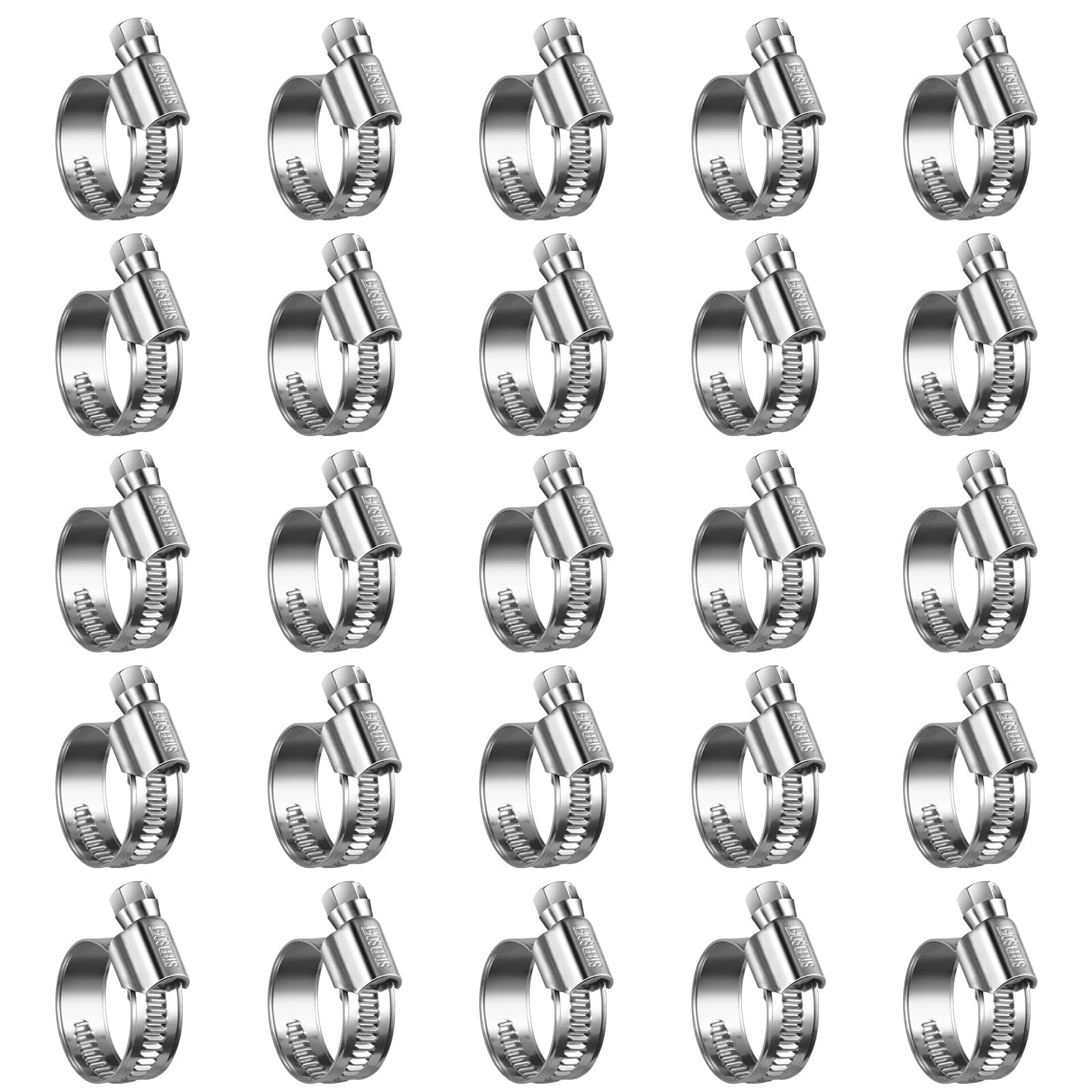 Steelsoft front packaging 25-piece clamp pack showing quantity and range, durable supply