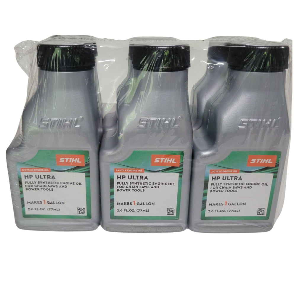 Stihl Ultra close-up label highlighting synthetic formula and biodegradability benefits