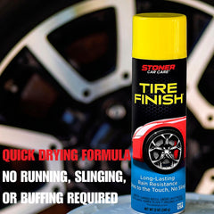 Stoner Car Care treated tire beside untreated tire demonstrating deeper black finish