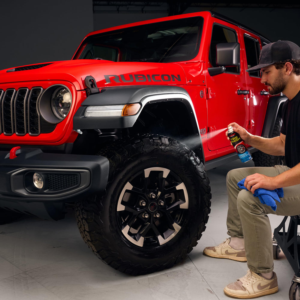 Stoner Car Care treated tire shedding water to show rain-resistant finish