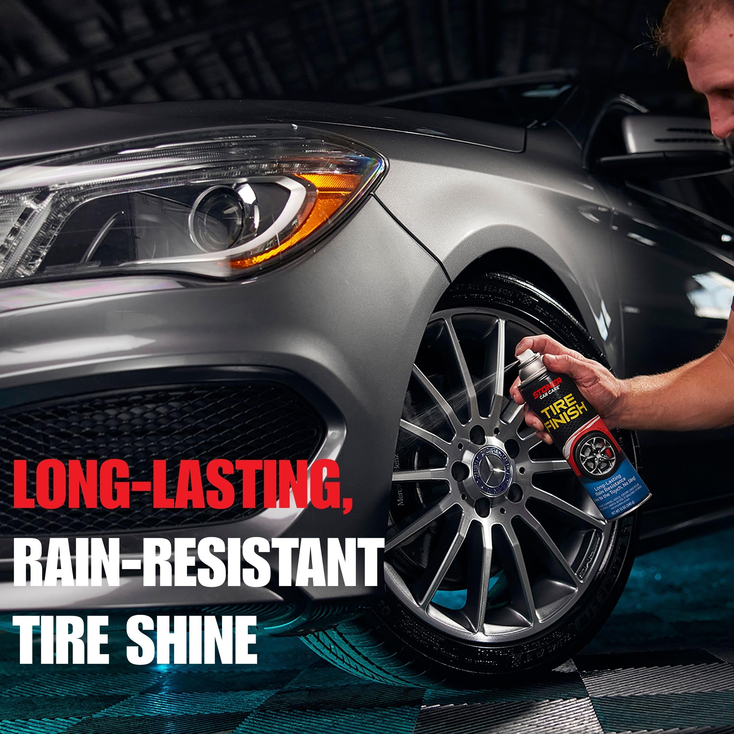 Stoner Car Care tire texture close-up showing rich, non-greasy shine on rubber