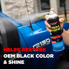 Stoner Car Care before and after on side molding highlighting restored dark contrast