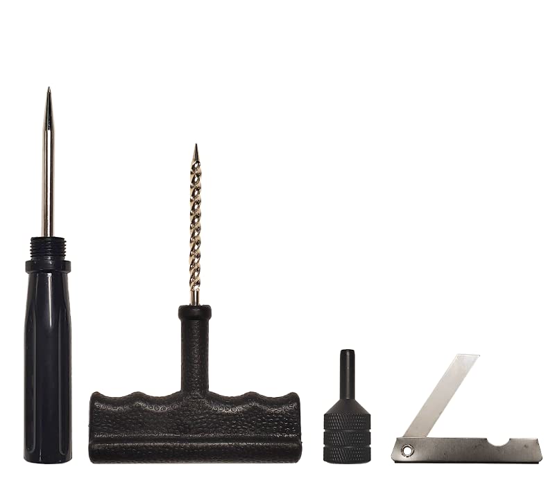 Stop & Go kit next to tire for scale showing compact, travel-ready size