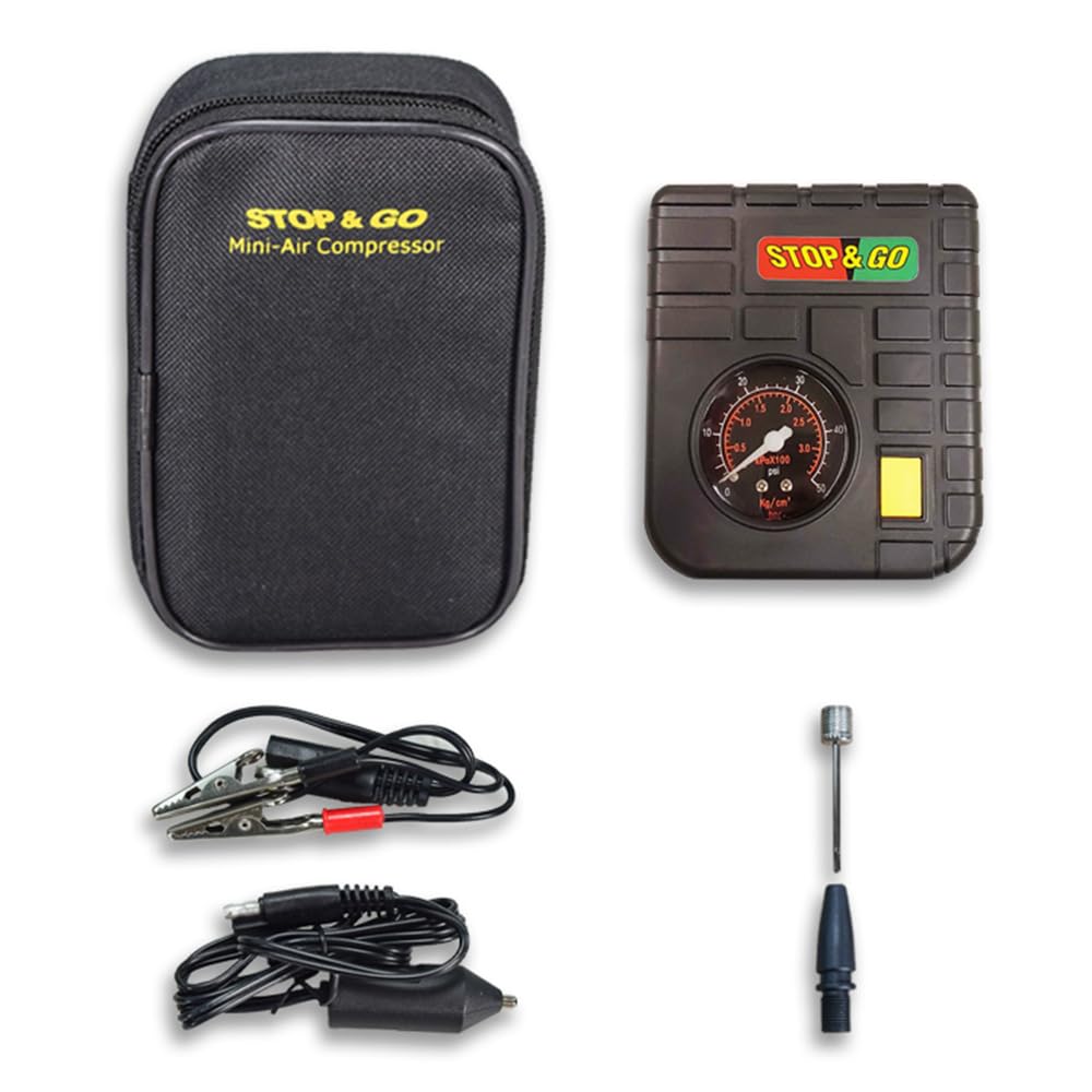 Stop & Go front view compact inflator showing controls and hose, ideal for quick roadside fixes