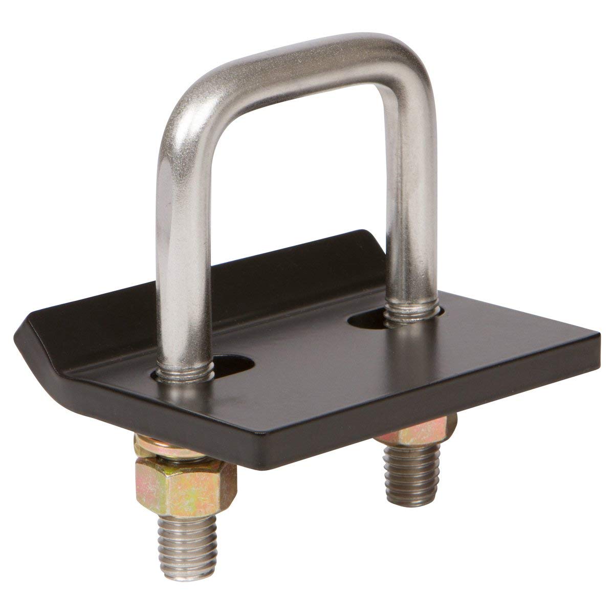 StowAway front view of hitch tightener showing robust clamp and hardware for secure fit